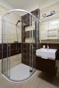 a bathroom with a shower and a sink at Bungalov v Beskydech in Frenštát pod Radhoštěm +36 photos