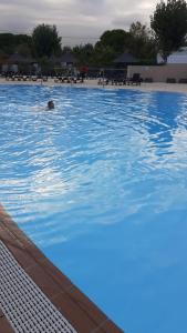 una persona nadando en una gran piscina azul en Sables du midi 2 en Sérignan