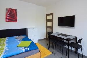 a bedroom with a bed and a table and a tv at Apartman Veronika in Trojanovice