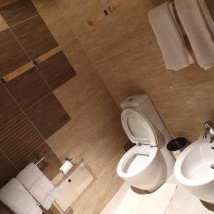 La salle de bains est pourvue de toilettes et d'un lavabo. dans l'établissement Šmartno Apartmaji Goran, à Kojsko