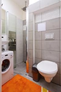 łazienka z toaletą i pralką w obiekcie Apartman Nikola Trojanovice w mieście Trojanovice