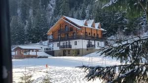 Casa de madera grande con nieve en el suelo en Pensiunea Waldhaus - Vatra Dornei en Vatra Dornei