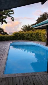 duży niebieski basen obok drewnianych tarasów w obiekcie Villa U'upa w Uturoa