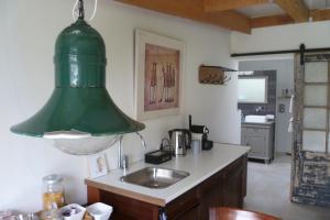 eine Küche mit einer Spüle und einer grünen Einrichtung in der Unterkunft Beukenhof in Molenschot