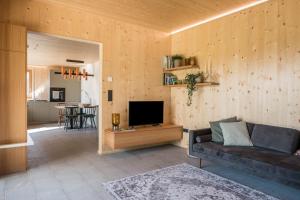 a living room with a couch and a television at Landhaus Silene in Sarnonico