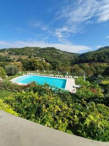 Elle offre une vue sur la piscine et les montagnes en arrière-plan. dans l'établissement Badia San Nicolò di Campolongo - Appartamento D'Onofrio, à Valfabbrica