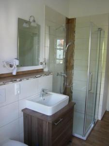 W łazience znajduje się umywalka i przeszklony prysznic. w obiekcie Pension Lechner w mieście Vilsbiburg