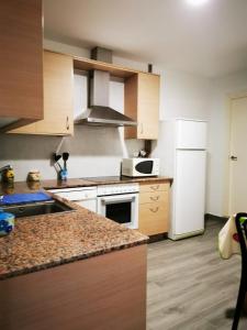 kuchnia z białymi urządzeniami i białą lodówką w obiekcie Loft Pedras Negras w mieście San Vicente do Mar
