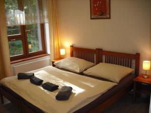 a bedroom with a bed with two bags on it at Pension Relax in Pec pod Sněžkou