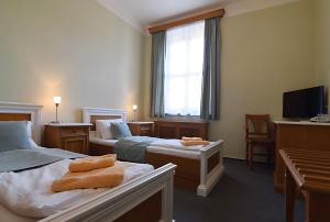 a hotel room with two beds and a television at Hotel Soudek in Poděbrady