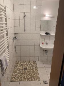 ein Bad mit einer Dusche und einem Waschbecken in der Unterkunft H2 in Affoldern