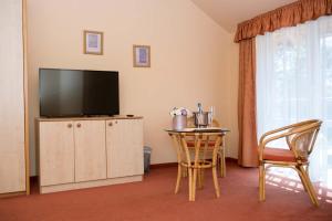 a living room with a television and a table with chairs at Termálhotel Martfű in Martfů