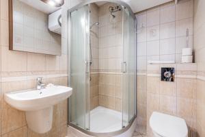 W łazience znajduje się prysznic, umywalka i toaleta. w obiekcie Apartamenty Zakopane Krupówki w Zakopanem