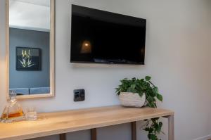 a flat screen tv on a wall with a table with a plant at Kloof Street Hotel in Cape Town