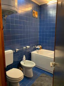 a blue tiled bathroom with a toilet and a sink at Appartamento Pila in Pila