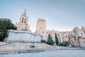 ein großes Gebäude mit einem Turm und einer Kirche in der Unterkunft PLACE DU PALAIS DES PAPES 3 chambres Parking Climatisation 3 Salles de bain in Avignon