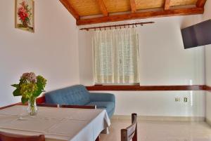 a living room with a table and a blue chair at Feniks Apartmani Lopar in Lopar