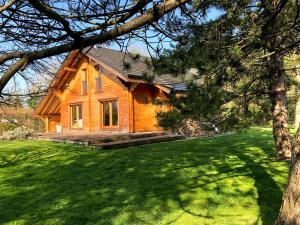 a wooden house on a lawn with a tree at Gîte Autre Ruche in Baudement