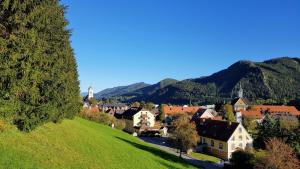 una pequeña ciudad en una colina con montañas en el fondo en Familiengasthof Maier, en Mautern in Steiermark