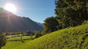 a green hill with the sun shining on it at Familiengasthof Maier in Mautern in Steiermark