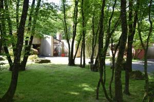 eine Gruppe von Bäumen in einem Hof mit einem Gebäude in der Unterkunft Le bois du drillais in La Gaubretière