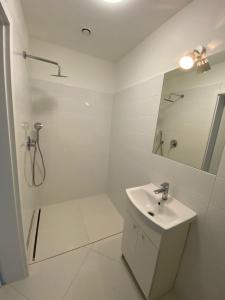 a white bathroom with a sink and a shower at Apartament BLUE in Poznań