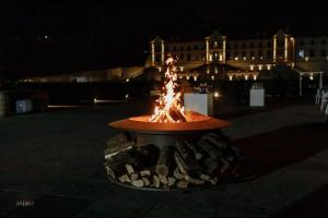 a fire fountain in front of a building at night at Castel Mimi Boutique Hotel in Bulboaca