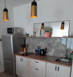 cocina con fregadero y nevera de acero inoxidable en Hollywood Apartament Kosciuszki, en Łódź