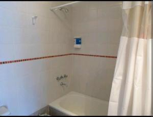 a bathroom with a tub and a shower curtain at DEPARTAMENTO CALAFATE CENTRICO in El Calafate