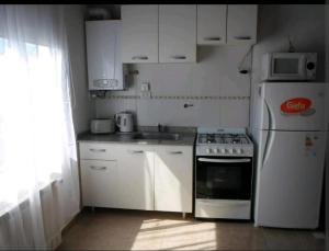 uma pequena cozinha com um fogão e um frigorífico em DEPARTAMENTO CALAFATE CENTRICO em El Calafate