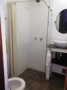 a bathroom with a shower and a toilet and a sink at Casa Ebano 967 in Cartagena de Indias