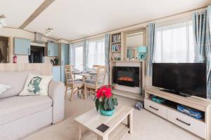 a living room with a couch and a flat screen tv at Duckling View in South Cerney