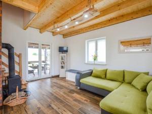 a living room with a green couch and a fireplace at Czadzia Przystań in Czarna