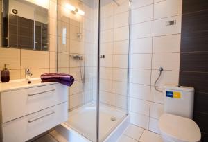 a bathroom with a shower and a toilet and a sink at Parkowa 13 in Szczecin +33 photos