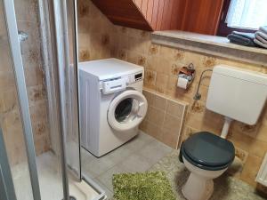 a bathroom with a toilet and a washing machine at Ferienwohnung Sirch in Diedorf