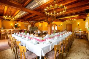 a large dining room with a long table and chairs at Pension Ferienhof Fischer in Freiberg