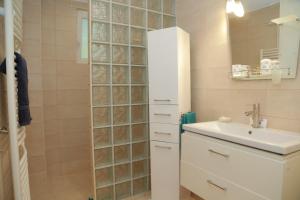 a bathroom with a sink and a glass block wall at Casa Tinkerbell in Sovata