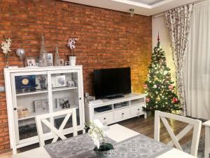 un salon avec un arbre de Noël et une télévision dans l'établissement Apartament LUSCINIA z 2 sypialniami, à Cracovie