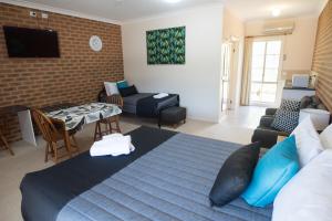 a living room with a large bed and a couch at Motel Views Yackandandah in Yackandandah