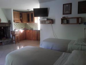 ein Wohnzimmer mit 2 Betten und eine Küche in der Unterkunft All'Ovile in Montevescovo
