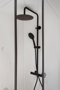 a shower with a microphone in a glass wall at BJØRVIKA APARTMENTS, Teaterplassen, Oslo city center in Oslo
