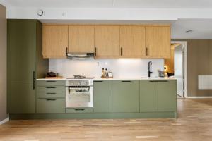 a kitchen with green cabinets and a stove at BJØRVIKA APARTMENTS, Teaterplassen, Oslo city center in Oslo