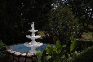 una fuente blanca en medio de un jardín en Villa Nefeli, en Agios Georgios