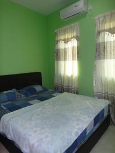 a bedroom with two beds and green walls at Malinja Home 3 in Pantai Cenang