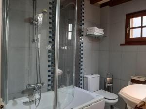 y baño con ducha, aseo y lavamanos. en Posada El Hidalgo, en Valdecilla