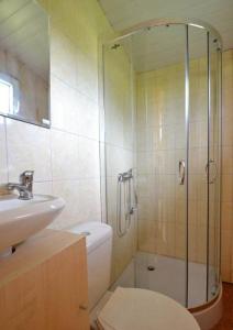 uma casa de banho com um chuveiro, um WC e um lavatório. em Mazurskie Wzgórze em Rydzewo
