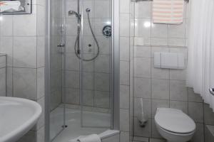 a bathroom with a shower with a toilet and a sink at Hotel Restaurant Vogt in Rietberg