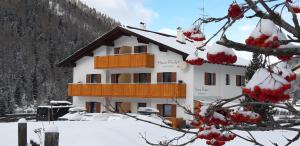 a building with a balcony in the snow at Residence Haus Peder in Solda