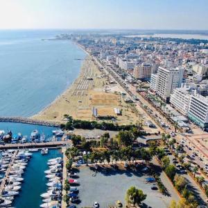 an aerial view of a beach with boats in the water at Kareem flat in Larnaca +9 photos