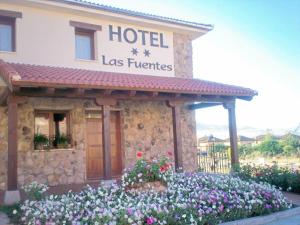 a hotel with flowers in front of a building at Hotel Las Fuentes in Torrecaballeros